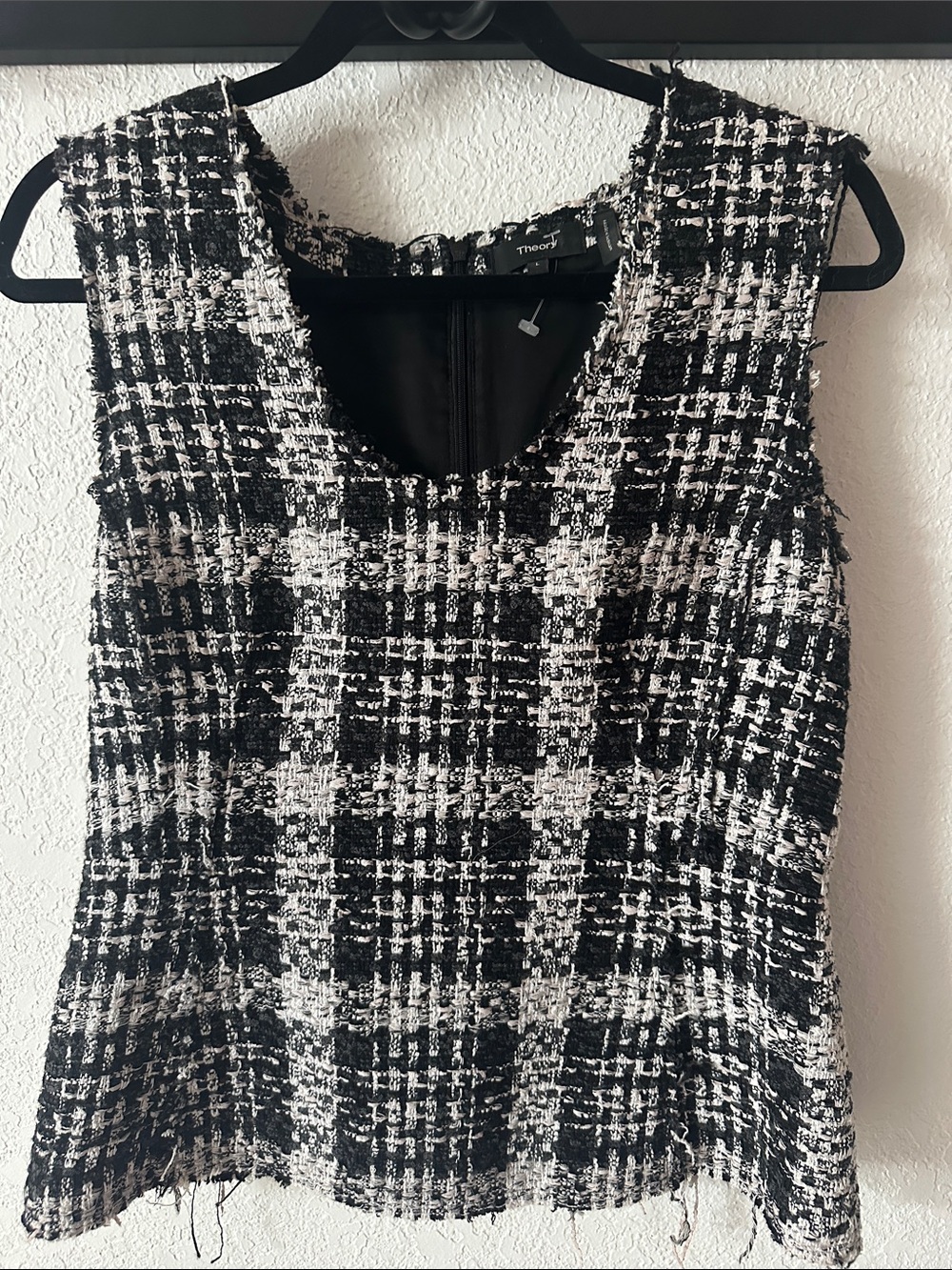 Theory Black & White Tweed Sleeveless Top with slight peplum